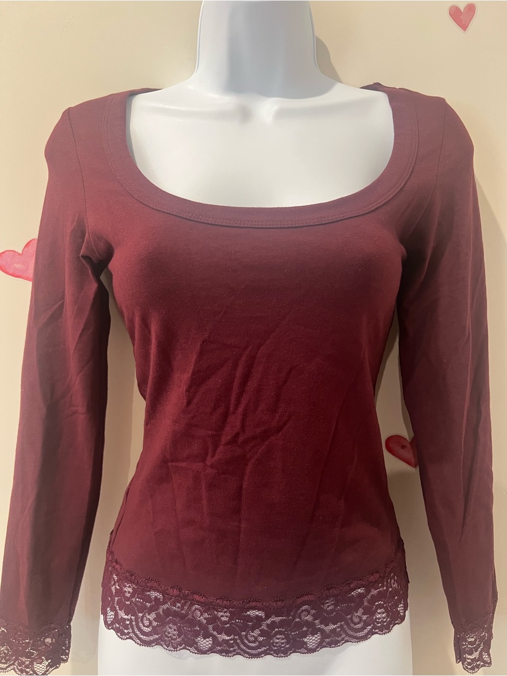 Forever 21 Scoop Neck Long Sleeve Lace-Hem Top - Burgundy
